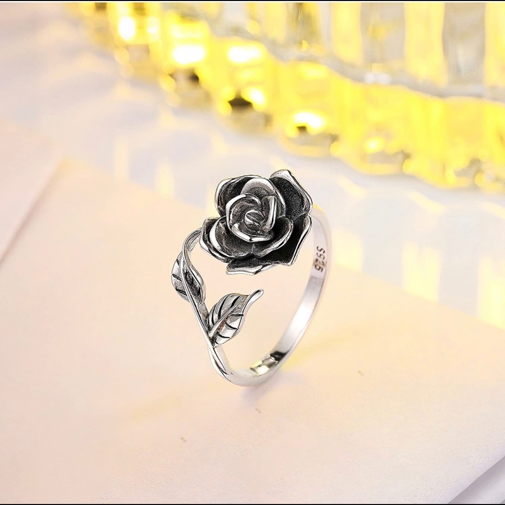 New 925 Sterling Silver Black Rose Ring - Picture 2 of 6